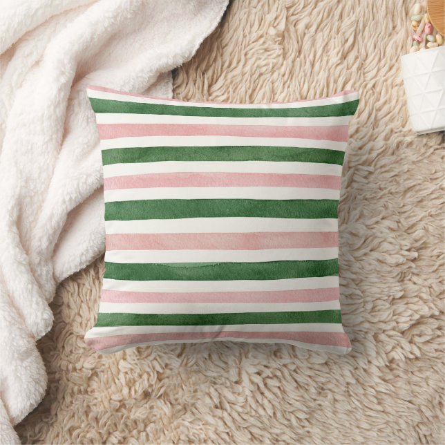 Green Pink Stripes Throw Pillow (Blanket)