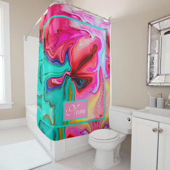 Green Pink Stylish Watercolor Marble Personalize  Shower Curtain (In Situ)