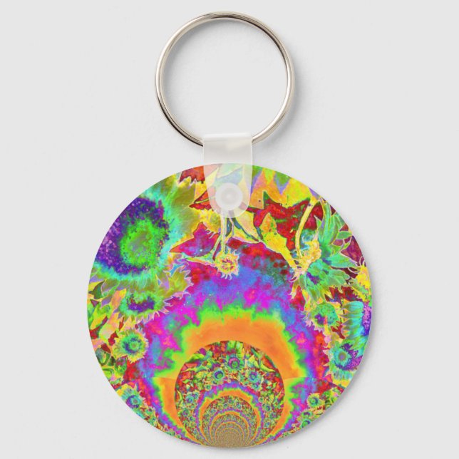 Green pink sunflower fields abstract watercolor keychain (Front)