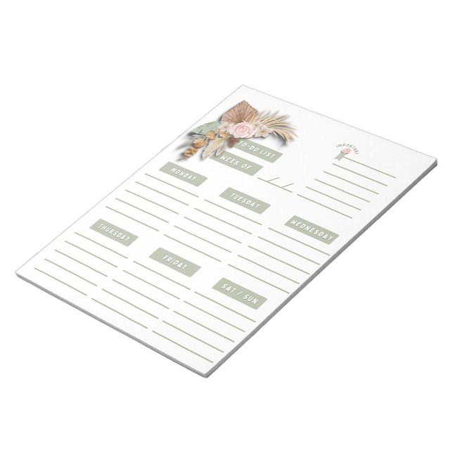 Green Pink Tan Floral Boho Weekly Planner Pages Notepad (Angled)