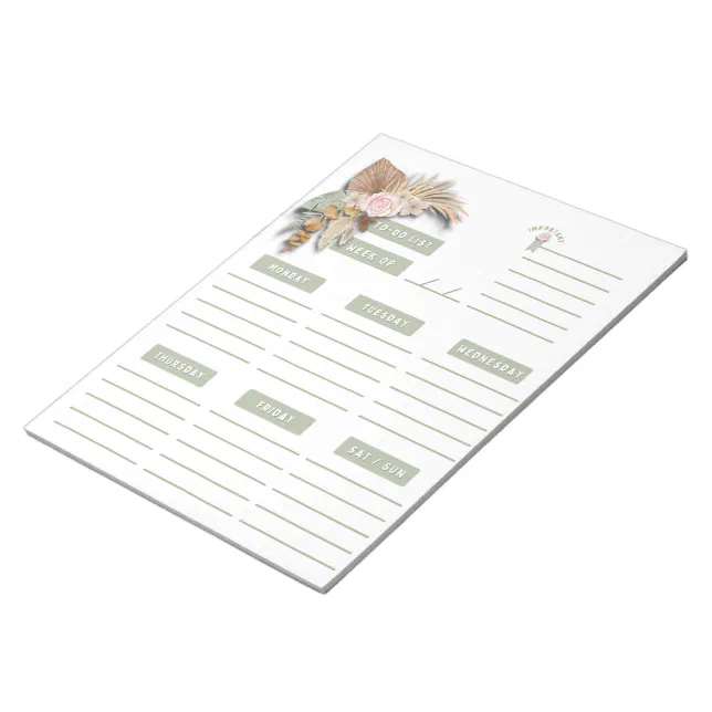 Green Pink Tan Floral Boho Weekly Planner Pages Notepad | Zazzle