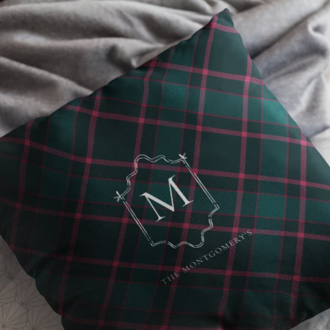 Green & Pink Tartan | Custom Monogram Christmas Throw Pillow (Creator Uploaded)