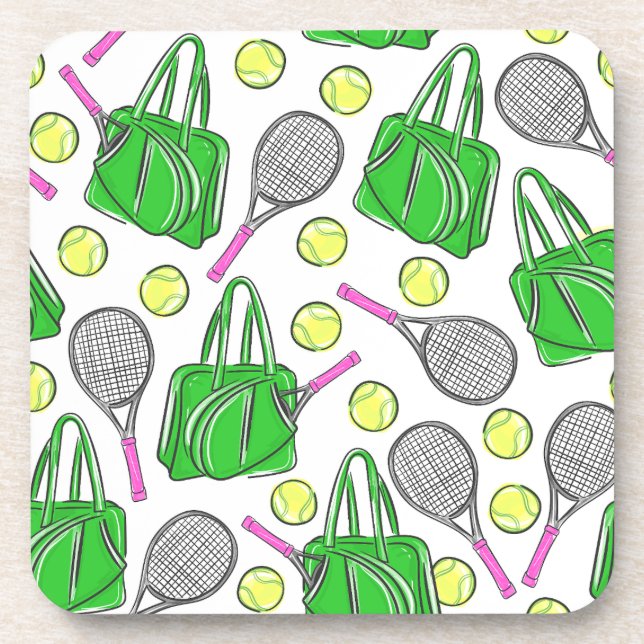 Green Pink Tennis Racquet Bag Balls Preppy Beverage Coaster (Front)