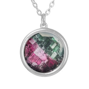 Green Pink Tourmaline Gem Pattern Silver Plated Necklace