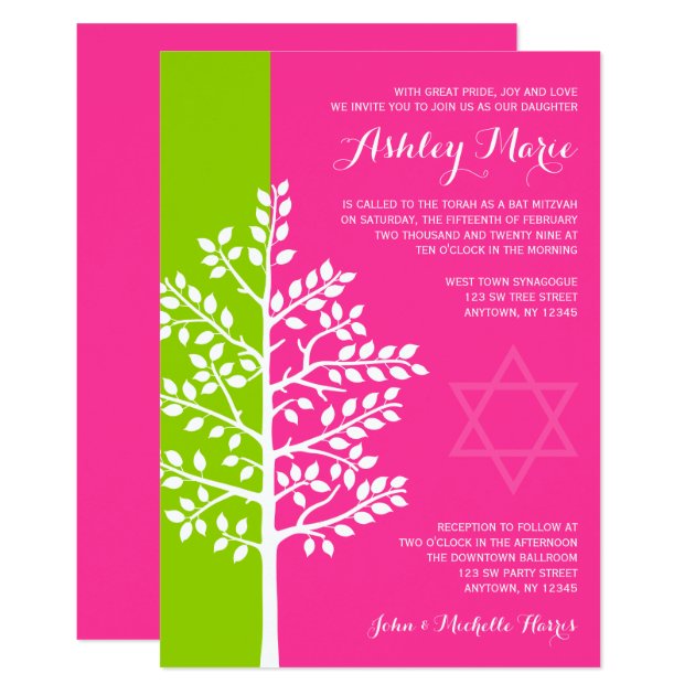 Green Pink Tree Of Life Bat Mitzvah Invitation