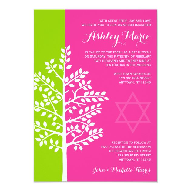 Green Pink Tree Of Life Bat Mitzvah Invitation