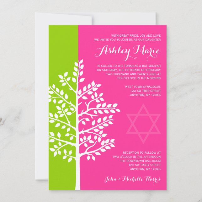 Green Pink Tree of Life Bat Mitzvah Invitation (Front)