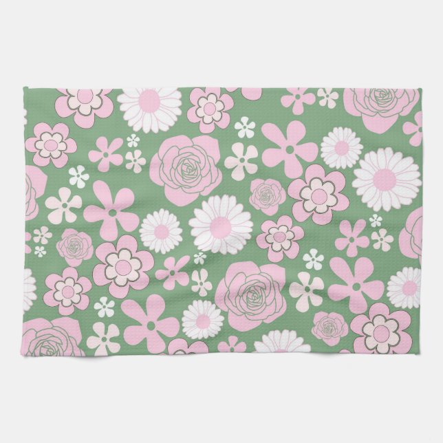 Green Pink Tropical Floral Botanical Spring Summer Kitchen Towel (Horizontal)