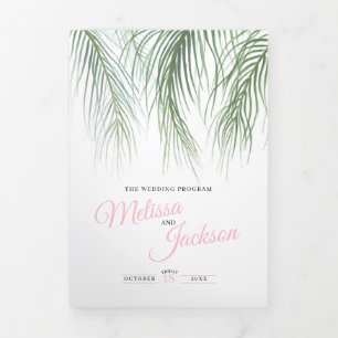 Green pink tropical palm fronds watercolor wedding Tri-Fold program