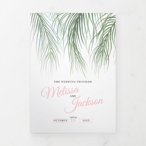 Green pink tropical palm fronds watercolor wedding Tri_Fold program