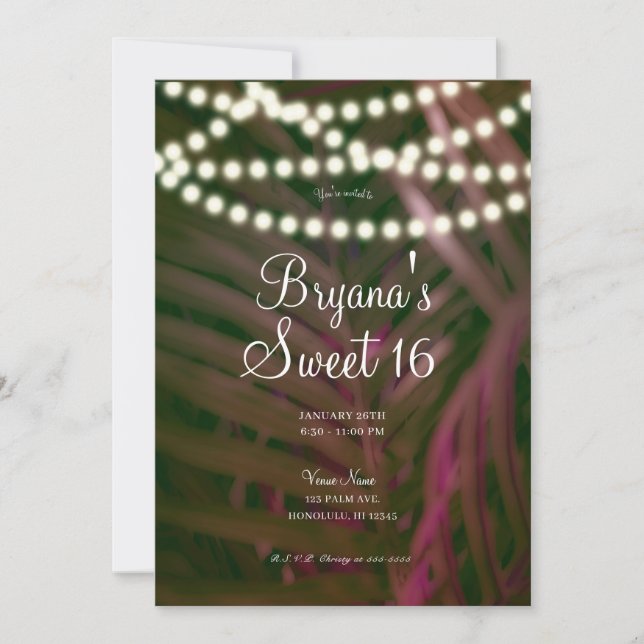 Green Pink Tropical Palm Leaves & Lights Sweet 16  Invitation (Front)