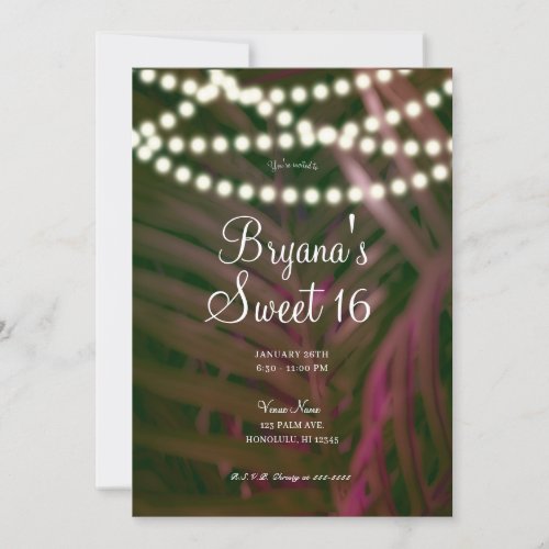 Green Pink Tropical Palm Leaves  Lights Sweet 16  Invitation