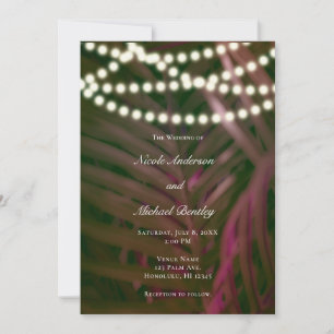 Green Pink Tropical Palm Leaves & Lights Wedding Invitation