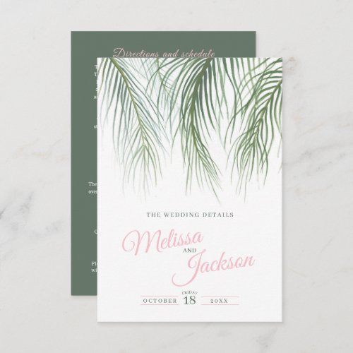 Green pink tropical palm wedding details enclosure card