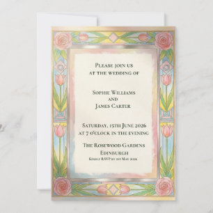 Green Pink Tulip Art Nouveau Wedding Invitation