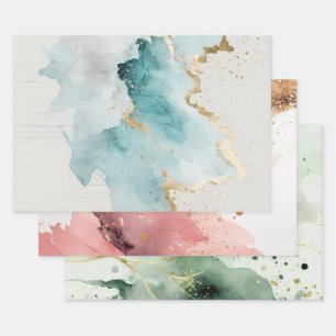 Green, pink, turquoise and gold marble watercolor wrapping paper sheets