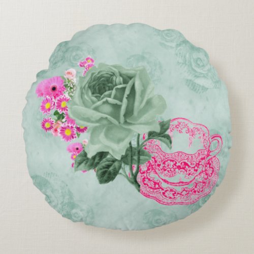 Green  Pink Vintage Teacup  Flowers Round Pillow