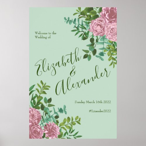 Green  Pink Vintage Wedding Floral Pastel Poster