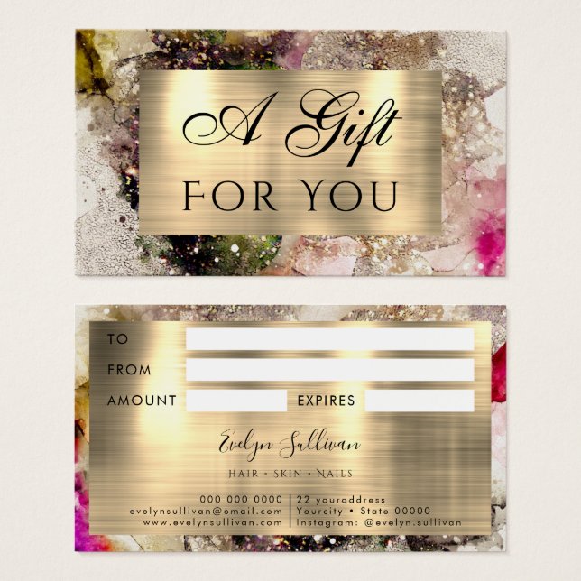 Green Pink Watercolor and Gold Foil Gift Card (Front & Back)