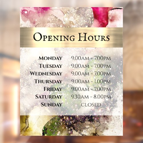 Green Pink Watercolor Opening Hours Window Cling