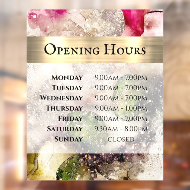 Green Pink Watercolor Opening Hours Window Cling (Sheet 2)