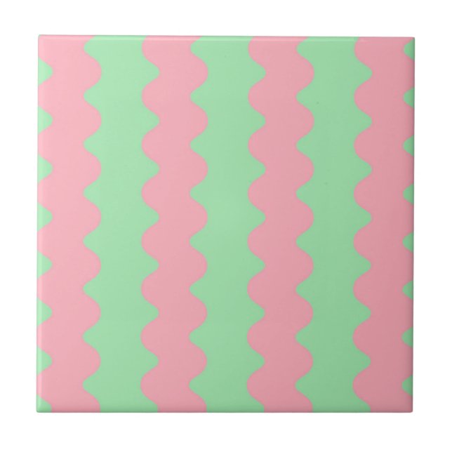 Green Pink Wavy Stripe Minimalist Modern Accent Ceramic Tile (Front)