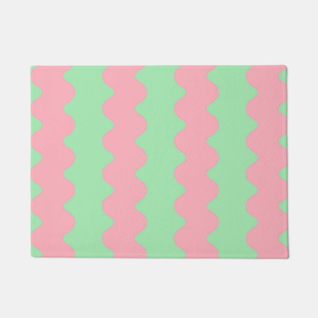 Green Pink Wavy Stripe Minimalist Modern Entryway  Doormat (Front)