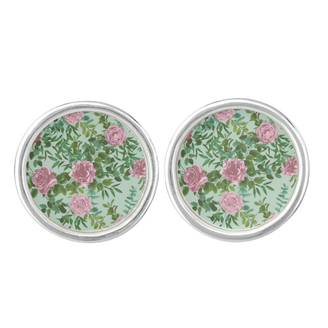 Green & Pink Wedding Pastel Floral Cufflinks (Front)