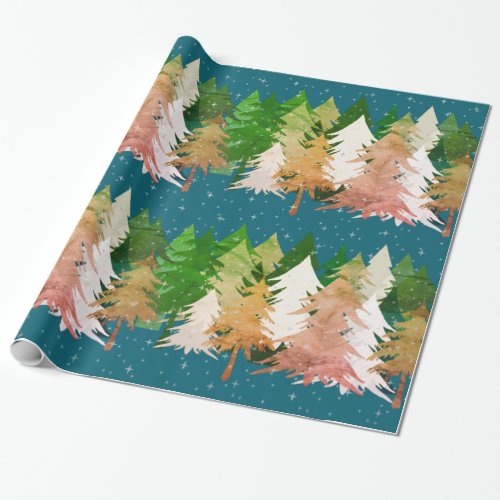 Green Pink White Christmas Trees Stars Snow Teal Wrapping Paper