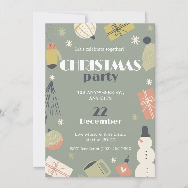 Green Pink White Cute Simple Christmas Party Invitation (Front)