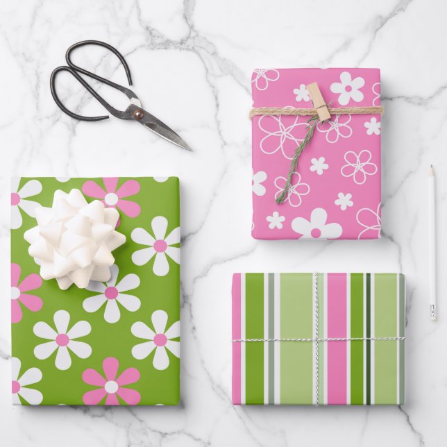 GREEN PINK WHITE DAISY FLOWERS & STRIPES WRAPPING PAPER SHEETS (Front)