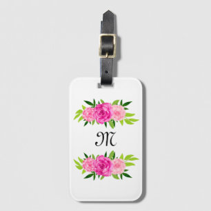 GREEN PINK WHITE FLORAL INITIAL LUGGAGE TAG