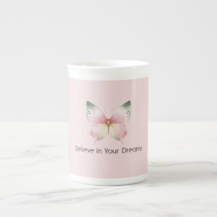Green Pink White Mint Butterfly Bone China Mug