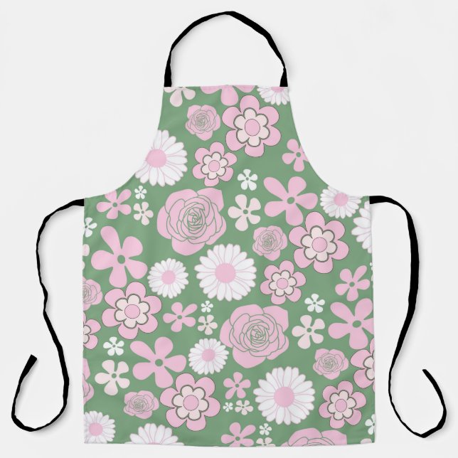 Green Pink White Retro Y2K 70s Flower Pattern Apron (Front)