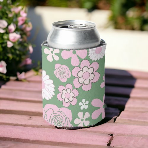 Green Pink White Retro Y2K 70s Flower Pattern Can Cooler