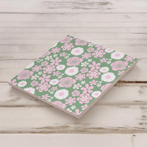 Green Pink White Retro Y2K 70s Flower Pattern Ceramic Tile