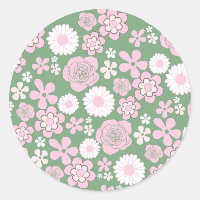 Green Pink White Retro Y2K 70s Flower Pattern Classic Round Sticker (Front)