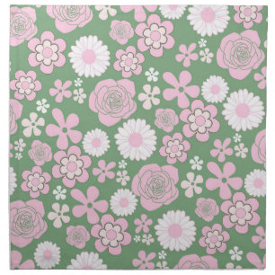 Green Pink White Retro Y2K 70s Flower Pattern Cloth Napkin