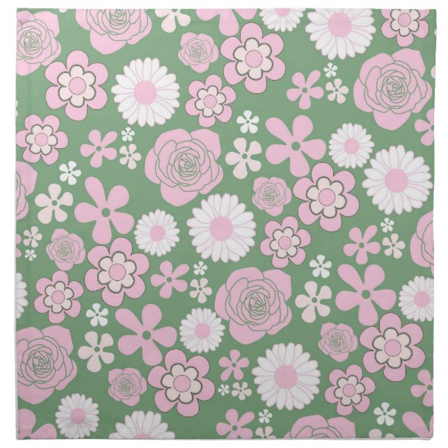 Green Pink White Retro Y2K 70s Flower Pattern Cloth Napkin (Front)