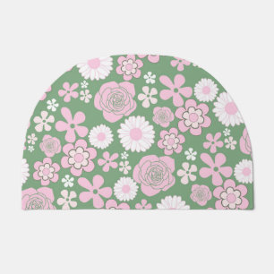 Green Pink White Retro Y2K 70s Flower Pattern Doormat