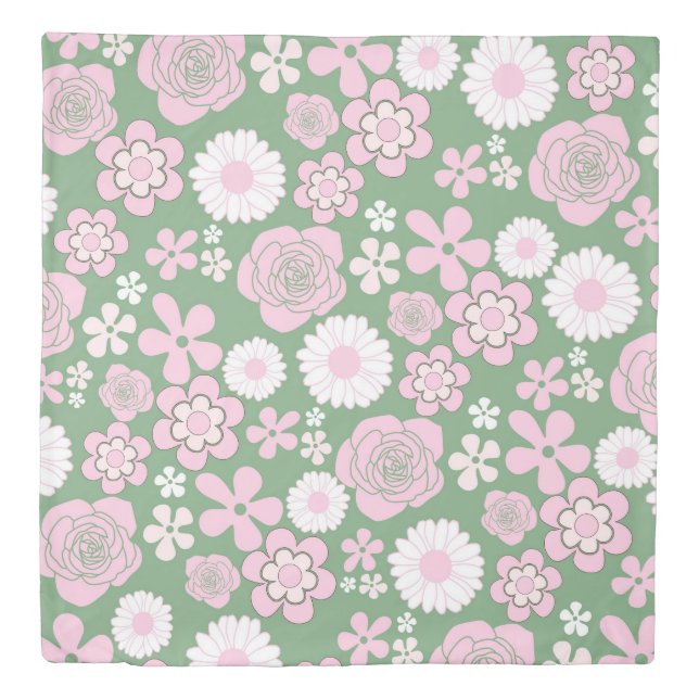 Green Pink White Retro Y2K 70s Flower Pattern Duvet Cover (Front)