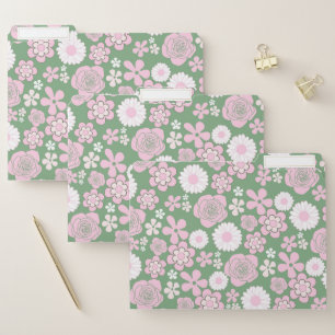 Green Pink White Retro Y2K 70s Flower Pattern File Folder