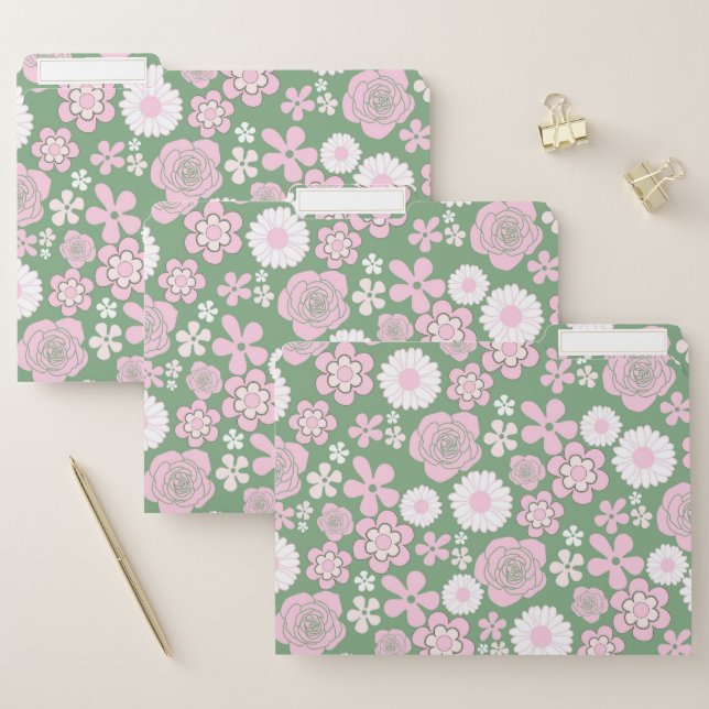 Green Pink White Retro Y2K 70s Flower Pattern File Folder (Set)