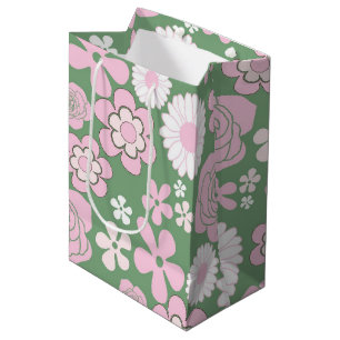 Green Pink White Retro Y2K 70s Flower Pattern Medium Gift Bag