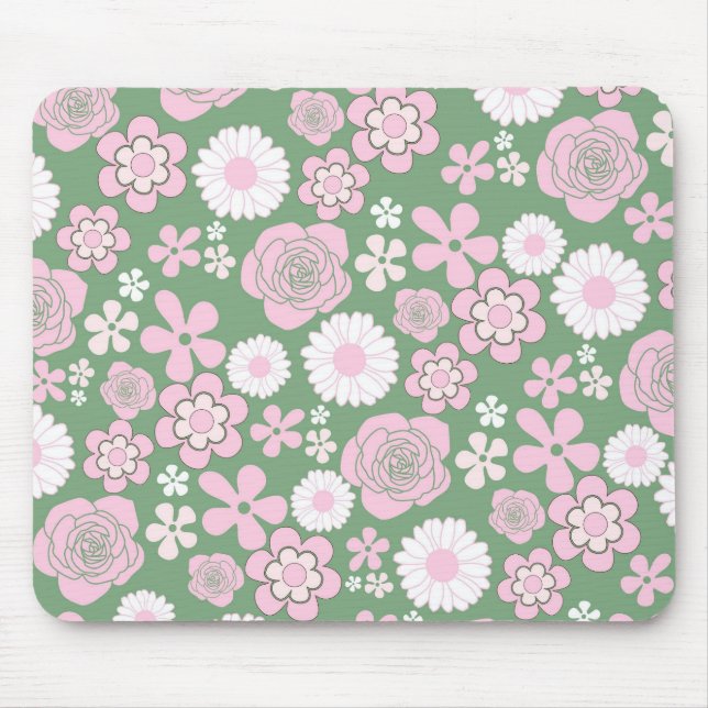 Green Pink White Retro Y2K 70s Flower Pattern Mouse Pad (Front)