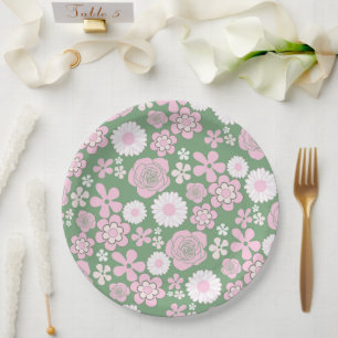 Green Pink White Retro Y2K 70s Flower Pattern Paper Plates
