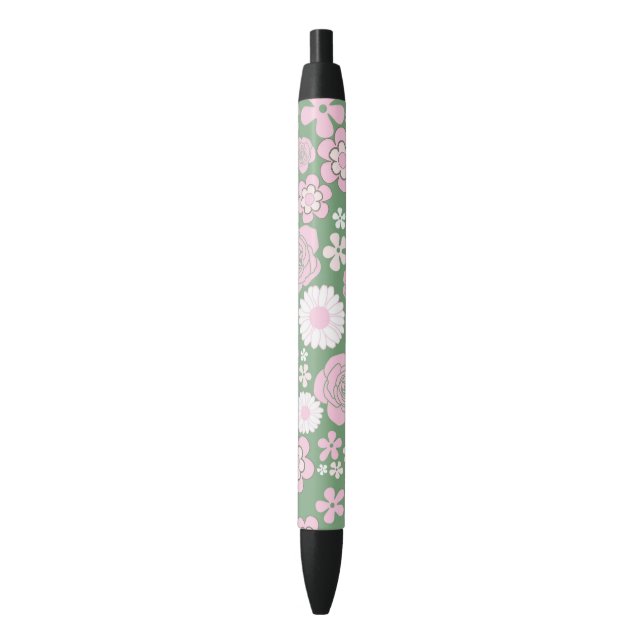 Green Pink White Retro Y2K 70s Flower Pattern Pen (Front Vertical)