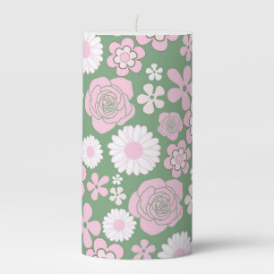 Green Pink White Retro Y2K 70s Flower Pattern Pillar Candle