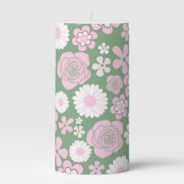 Green Pink White Retro Y2K 70s Flower Pattern Pillar Candle (Front)