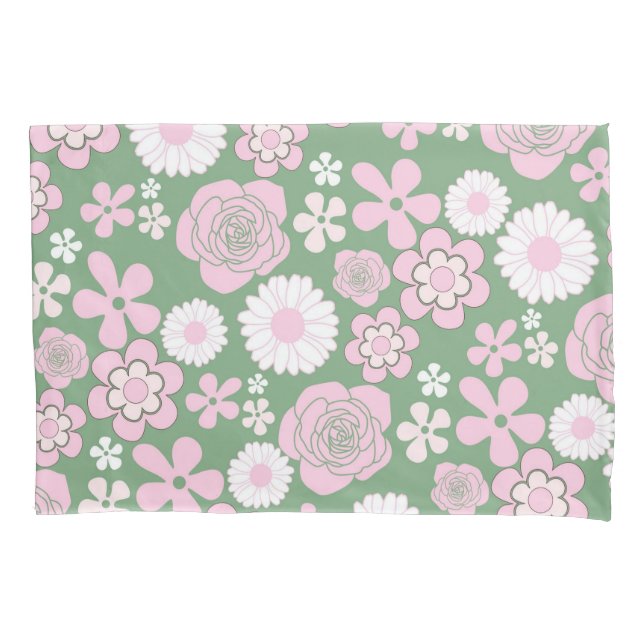 Green Pink White Retro Y2K 70s Flower Pattern Pillow Case (Front)